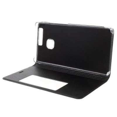 Huawei P9 juodas odinis atverčiamas „Smart Window“ dėklas su langeliu / Priedai.lt