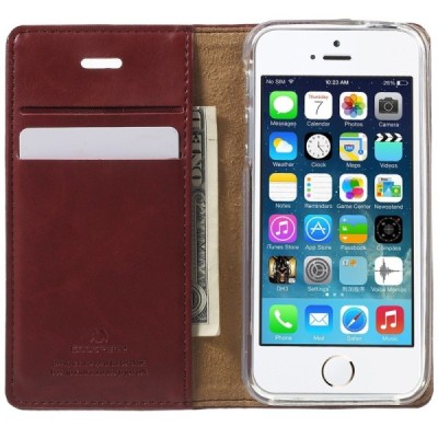 Mercury Blue Moon atverčiamas Apple iPhone SE (5, 5s) bordo odinis dėklas - piniginė / Priedai.lt