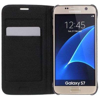Samsung Galaxy S7 (G930) juodas odinis atverčiamas Smart Wallet dėklas - piniginė / Priedai.lt