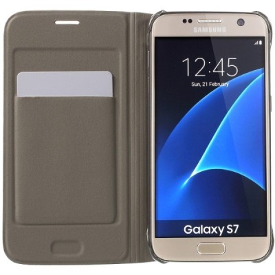 Samsung Galaxy S7 (G930) zelta atvēramais Smart Wallet ādas maciņš - maks / Vacins.lv