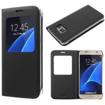 Samsung Galaxy S7 (G930) juodas odinis atverčiamas dėklas su langeliu / Priedai.lt