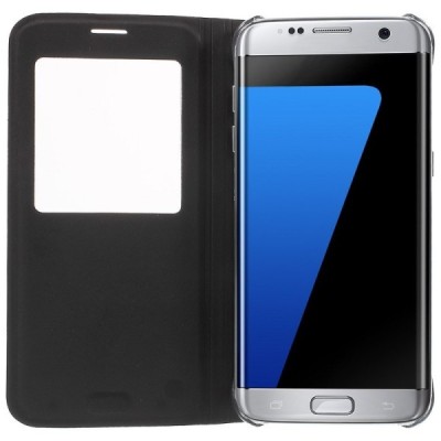 Samsung Galaxy S7 Edge (G935) juodas odinis atverčiamas dėklas su langeliu / Priedai.lt