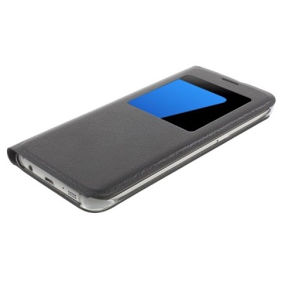 Samsung Galaxy S7 Edge (G935) juodas odinis atverčiamas dėklas su langeliu / Priedai.lt