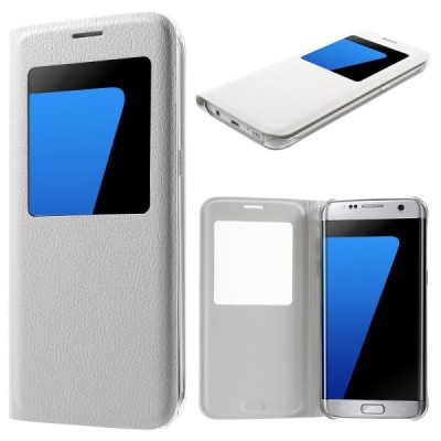 Samsung Galaxy S7 Edge (G935) baltas odinis atverčiamas dėklas su langeliu / Priedai.lt