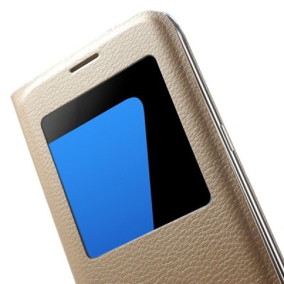 Samsung Galaxy S7 Edge (G935) Atvēramais maciņš ar lodziņu - zelta / Vacins.lv