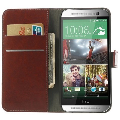 HTC One M8 atvēramais brūns ādas futrālis - maciņš / Vacins.lv