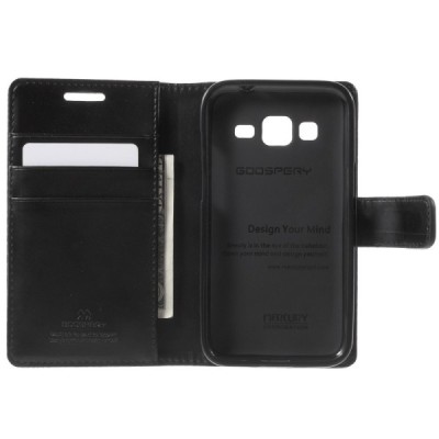 Mercury Blue Moon Samsung Galaxy Core Prime (G360) atvērams melns ādas maciņš / Vacins.lv