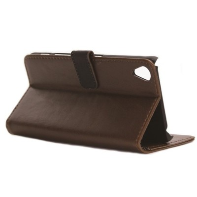 Sony Xperia X (F5121, F5122) atvēramais ādas tumši brūns retro maciņš (maks) / Vacins.lv