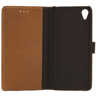 Sony Xperia X (F5121, F5122) atvēramais ādas gaiši brūns retro maciņš (maks) / Vacins.lv