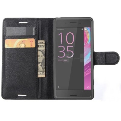 Sony Xperia X (F5121, F5122) atvēramais ādas melns maciņš (maks) / Vacins.lv