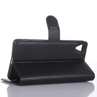 Sony Xperia X (F5121, F5122) atvēramais ādas melns maciņš (maks) / Vacins.lv