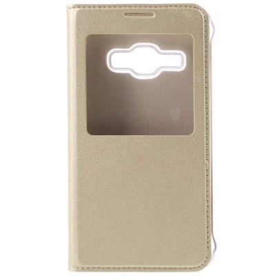 Samsung Galaxy J1 2016 (J120) atvēramais maciņš ar lodziņu - zelta / Vacins.lv