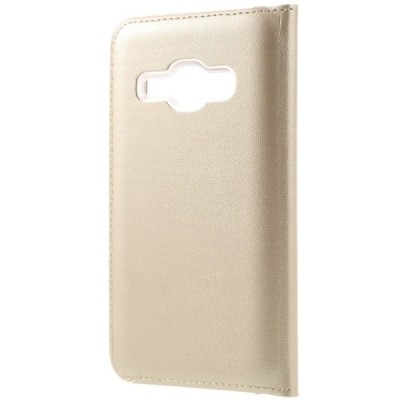 Samsung Galaxy J1 2016 (J120) atvēramais maciņš ar lodziņu - zelta / Vacins.lv