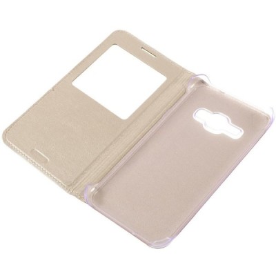 Samsung Galaxy J1 2016 (J120) atvēramais maciņš ar lodziņu - zelta / Vacins.lv