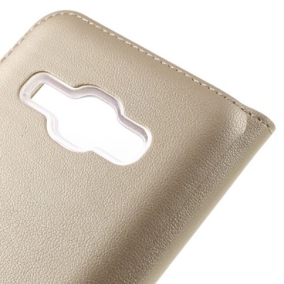 Samsung Galaxy J1 2016 (J120) atvēramais maciņš ar lodziņu - zelta / Vacins.lv