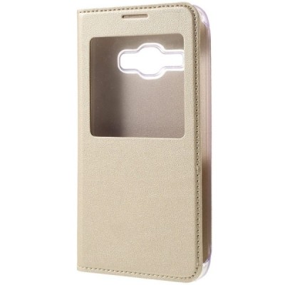 Samsung Galaxy J1 2016 (J120) atvēramais maciņš ar lodziņu - zelta / Vacins.lv