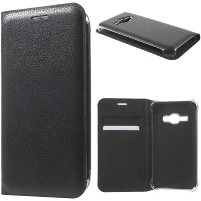 Samsung Galaxy J1 2016 (J120) melns atvēramais Smart Wallet ādas maciņš - maks / Vacins.lv