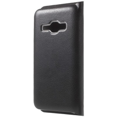 Samsung Galaxy J1 2016 (J120) melns atvēramais Smart Wallet ādas maciņš - maks / Vacins.lv