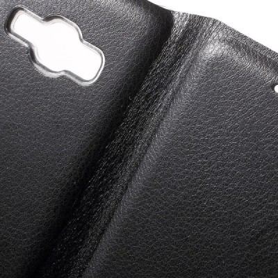 Samsung Galaxy J1 2016 (J120) melns atvēramais Smart Wallet ādas maciņš - maks / Vacins.lv