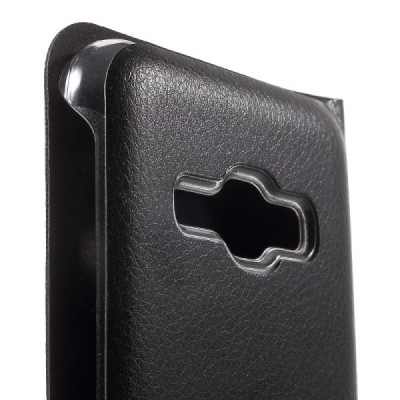 Samsung Galaxy J1 2016 (J120) melns atvēramais Smart Wallet ādas maciņš - maks / Vacins.lv