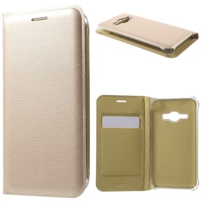 Samsung Galaxy J1 2016 (J120) auksinis odinis atverčiamas Smart Wallet dėklas - piniginė / Priedai.lt