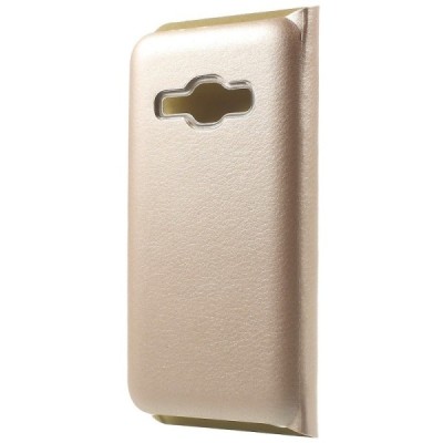 Samsung Galaxy J1 2016 (J120) auksinis odinis atverčiamas Smart Wallet dėklas - piniginė / Priedai.lt