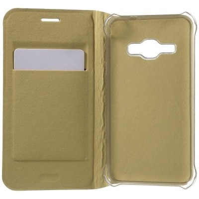 Samsung Galaxy J1 2016 (J120) auksinis odinis atverčiamas Smart Wallet dėklas - piniginė / Priedai.lt