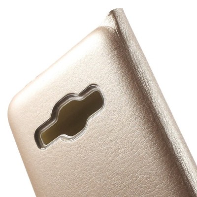 Samsung Galaxy J1 2016 (J120) auksinis odinis atverčiamas Smart Wallet dėklas - piniginė / Priedai.lt