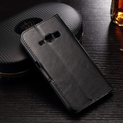 Samsung Galaxy J1 2016 (J120) atverčiamas juodas odinis dėklas - piniginė / Priedai.lt