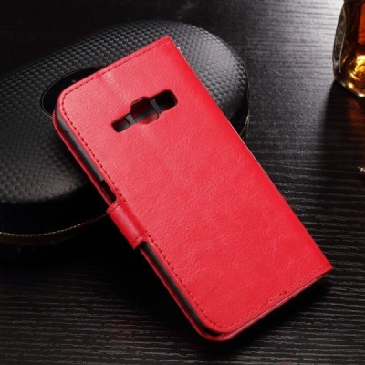 Samsung Galaxy J1 2016 (J120) atverčiamas raudonas odinis dėklas - piniginė / Priedai.lt