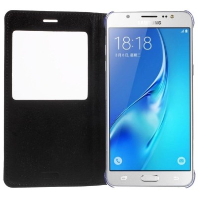 Samsung Galaxy J5 2016 (J510) juodas odinis atverčiamas dėklas su langeliu / Priedai.lt
