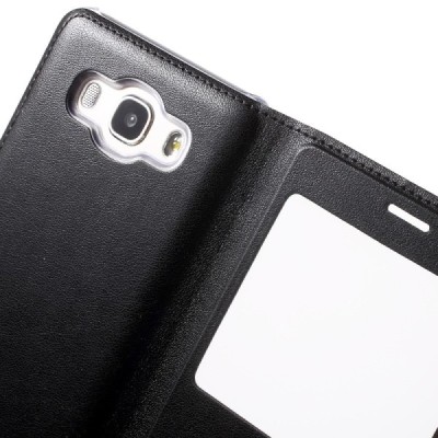 Samsung Galaxy J5 2016 (J510) juodas odinis atverčiamas dėklas su langeliu / Priedai.lt