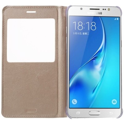 Samsung Galaxy J5 2016 (J510) auksinis odinis atverčiamas dėklas su langeliu / Priedai.lt