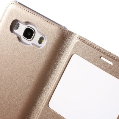 Samsung Galaxy J5 2016 (J510) auksinis odinis atverčiamas dėklas su langeliu / Priedai.lt