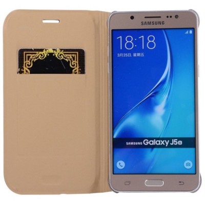 Samsung Galaxy J5 2016 (J510) auksinis odinis atverčiamas Smart Wallet dėklas - piniginė / Priedai.lt