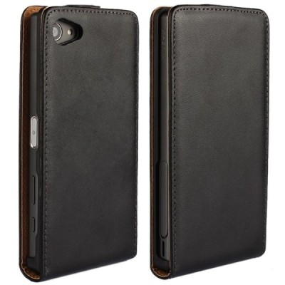 Sony Xperia Z5 Compact Pluss klasisks ādas vertikāli atvēramais melns maciņš / Vacins.lv