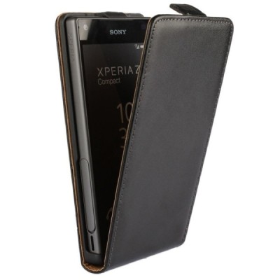 Sony Xperia Z5 Compact Pluss klasisks ādas vertikāli atvēramais melns maciņš / Vacins.lv