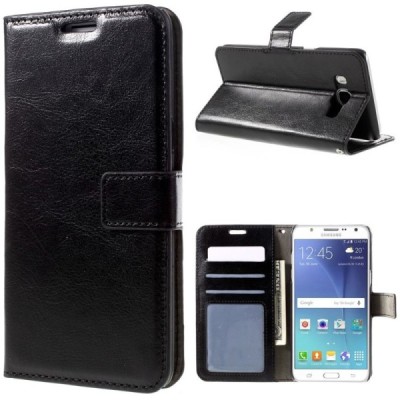 Samsung Galaxy J7 2016 (J710) atvēramais ādas melns maciņš (maks) / Vacins.lv