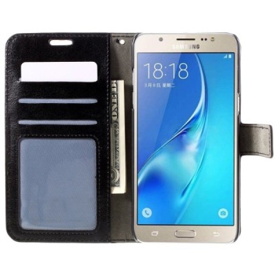 Samsung Galaxy J7 2016 (J710) atvēramais ādas melns maciņš (maks) / Vacins.lv