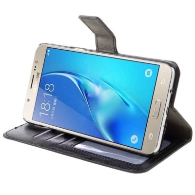 Samsung Galaxy J7 2016 (J710) atvēramais ādas melns maciņš (maks) / Vacins.lv