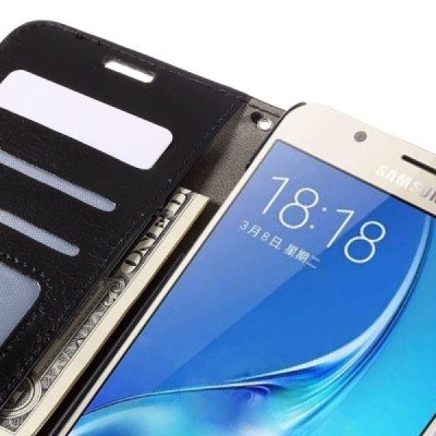 Samsung Galaxy J7 2016 (J710) atvēramais ādas melns maciņš (maks) / Vacins.lv