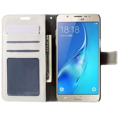 Samsung Galaxy J7 2016 (J710) atverčiamas baltas odinis dėklas - piniginė / Priedai.lt