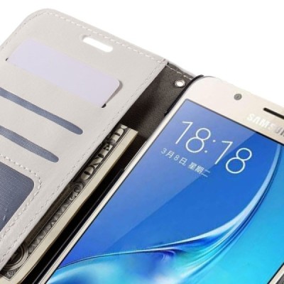 Samsung Galaxy J7 2016 (J710) atverčiamas baltas odinis dėklas - piniginė / Priedai.lt