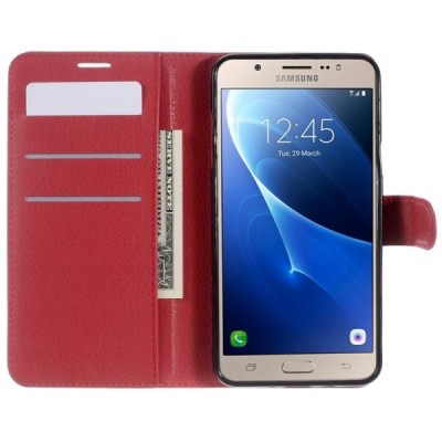 Samsung Galaxy J7 2016 (J710) atvēramais ādas sarkans maciņš (maks) / Vacins.lv