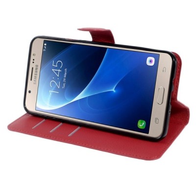 Samsung Galaxy J7 2016 (J710) atvēramais ādas sarkans maciņš (maks) / Vacins.lv