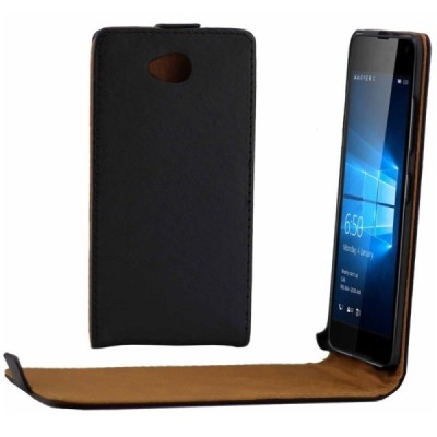 Microsoft Lumia 650 klasisks ādas vertikāli atvēramais melns maciņš / Vacins.lv