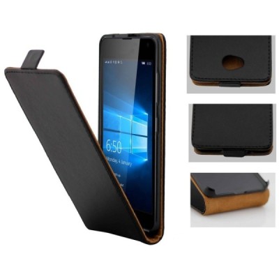 Microsoft Lumia 650 klasisks ādas vertikāli atvēramais melns maciņš / Vacins.lv