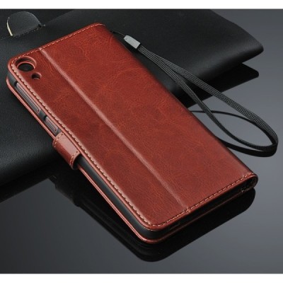 HTC Desire 816 atverčiamas rudas odinis dėklas - piniginė / Priedai.lt