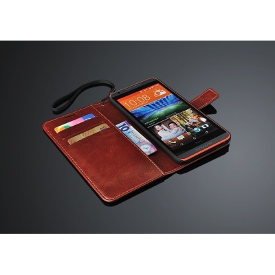 HTC Desire 816 atverčiamas rudas odinis dėklas - piniginė / Priedai.lt