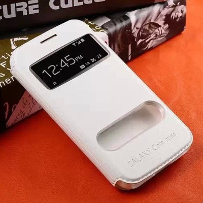 Samsung Galaxy Core Prime baltas atverčiamas dėklas su langeliu / Priedai.lt